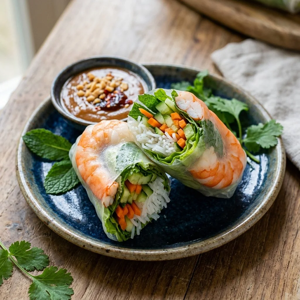 Fresh shrimp summer rolls filled with vegetables and served with dipping sauce