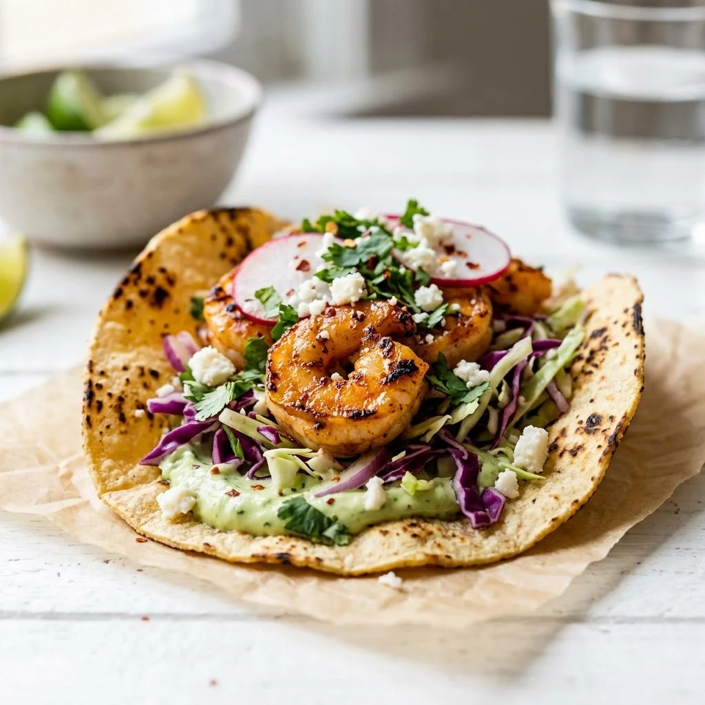 Delicious shrimp tacos served with fresh toppings and lime wedges