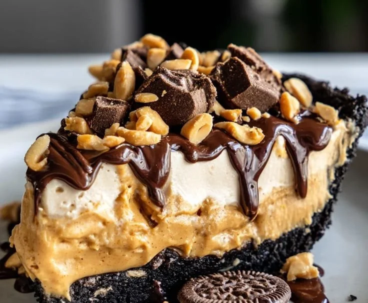 Slice of simple peanut butter pie with a creamy filling and chocolate topping