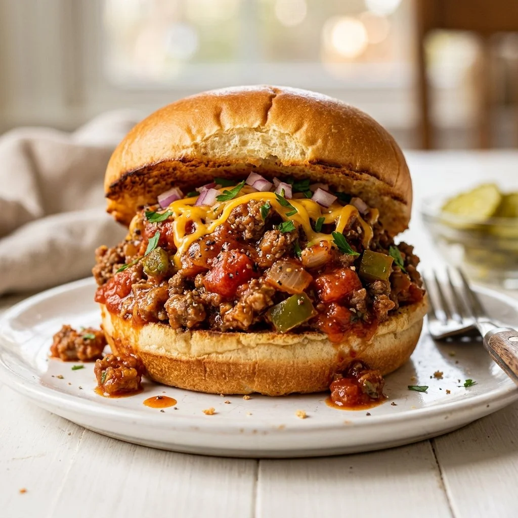 Delicious homemade sloppy joes served on a bun with fresh toppings