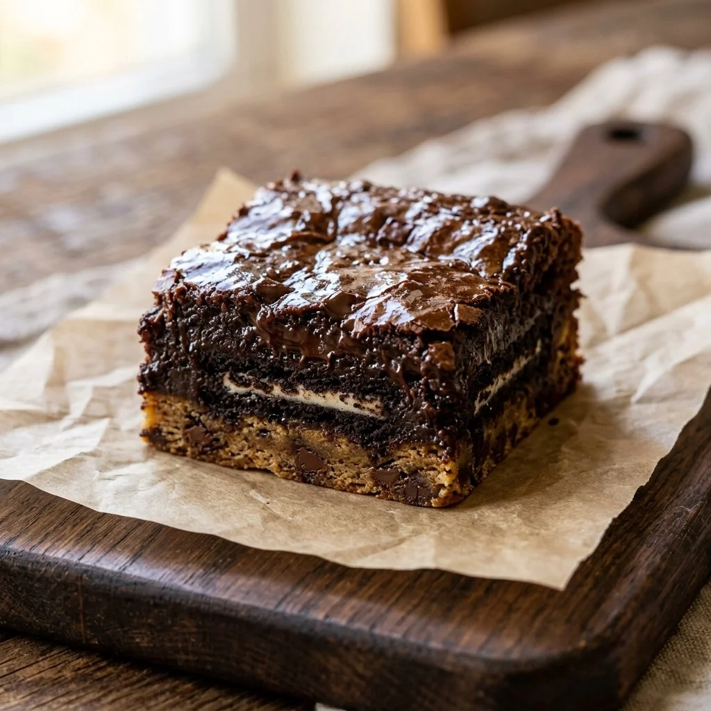 Decadent slutty brownies with layers of cookie dough and Oreo cookies