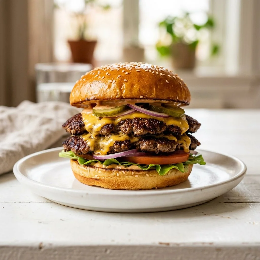 Delicious homemade smash burger sizzling on a grill with toppings