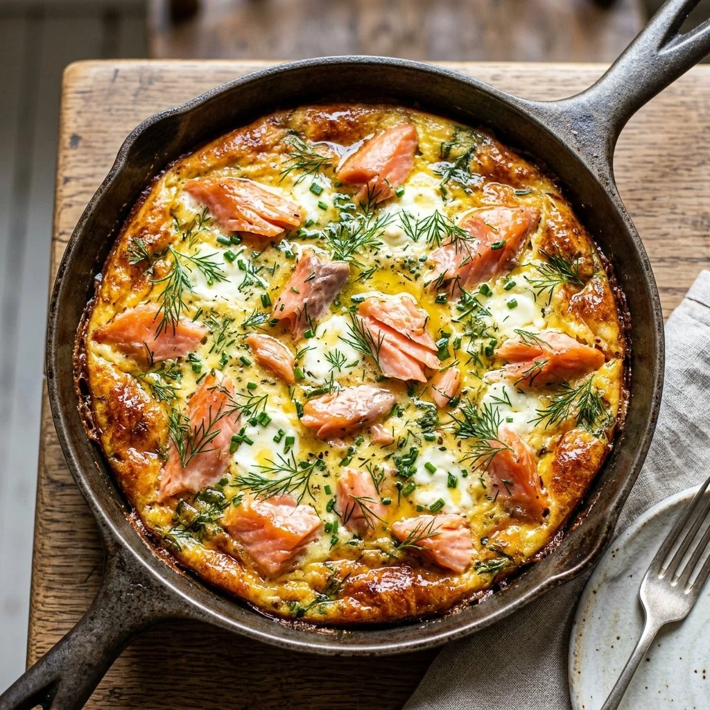 Delicious smoked salmon frittata served on a plate with greens