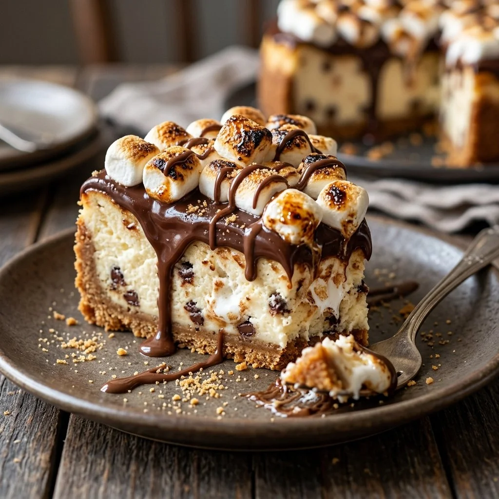 A decadent s'mores cheesecake topped with chocolate and marshmallows.