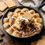 Delicious S'mores Dip with melted chocolate and marshmallows served with graham crackers.