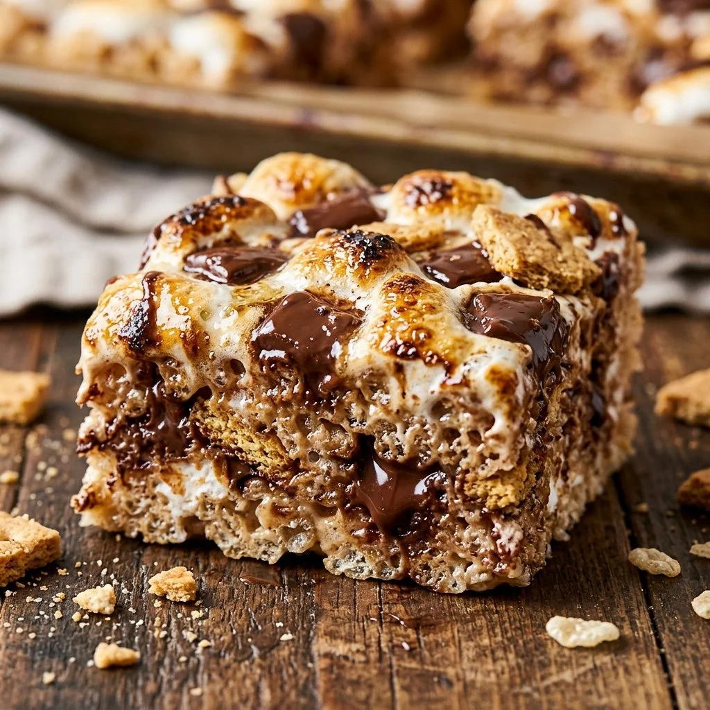 Delicious S'mores Rice Krispie Treats with chocolate and marshmallows