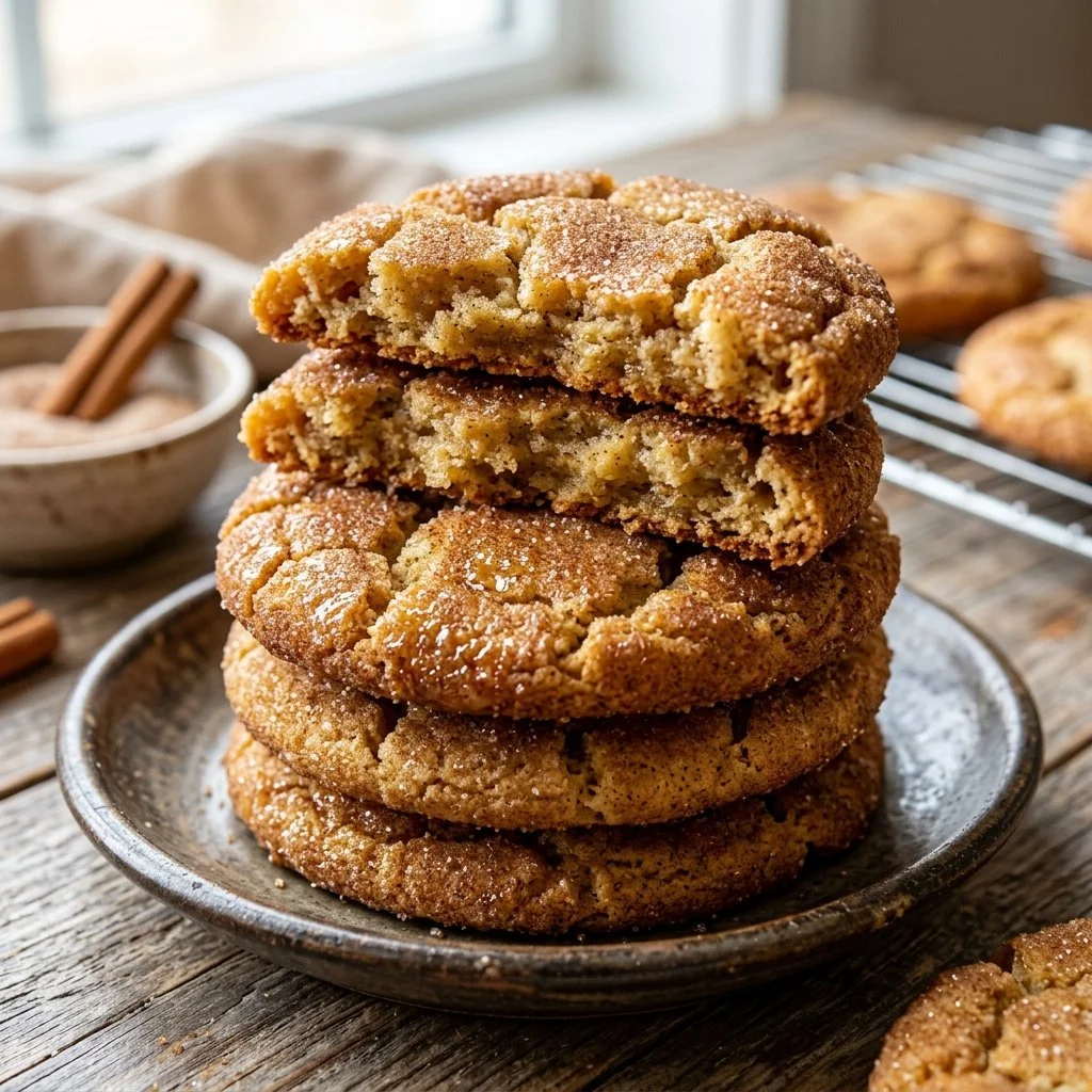 Freshly baked snickerdoodle cookies with cinnamon sugar topping