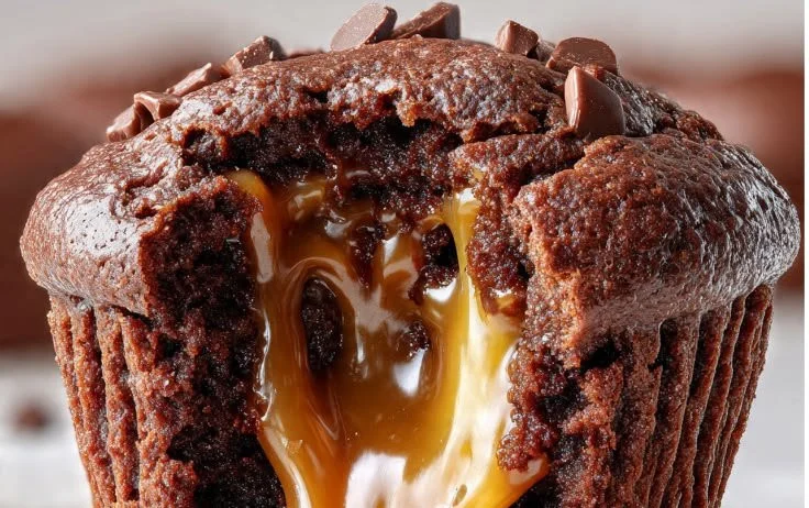 Soft chocolate caramel muffins fresh out of the oven