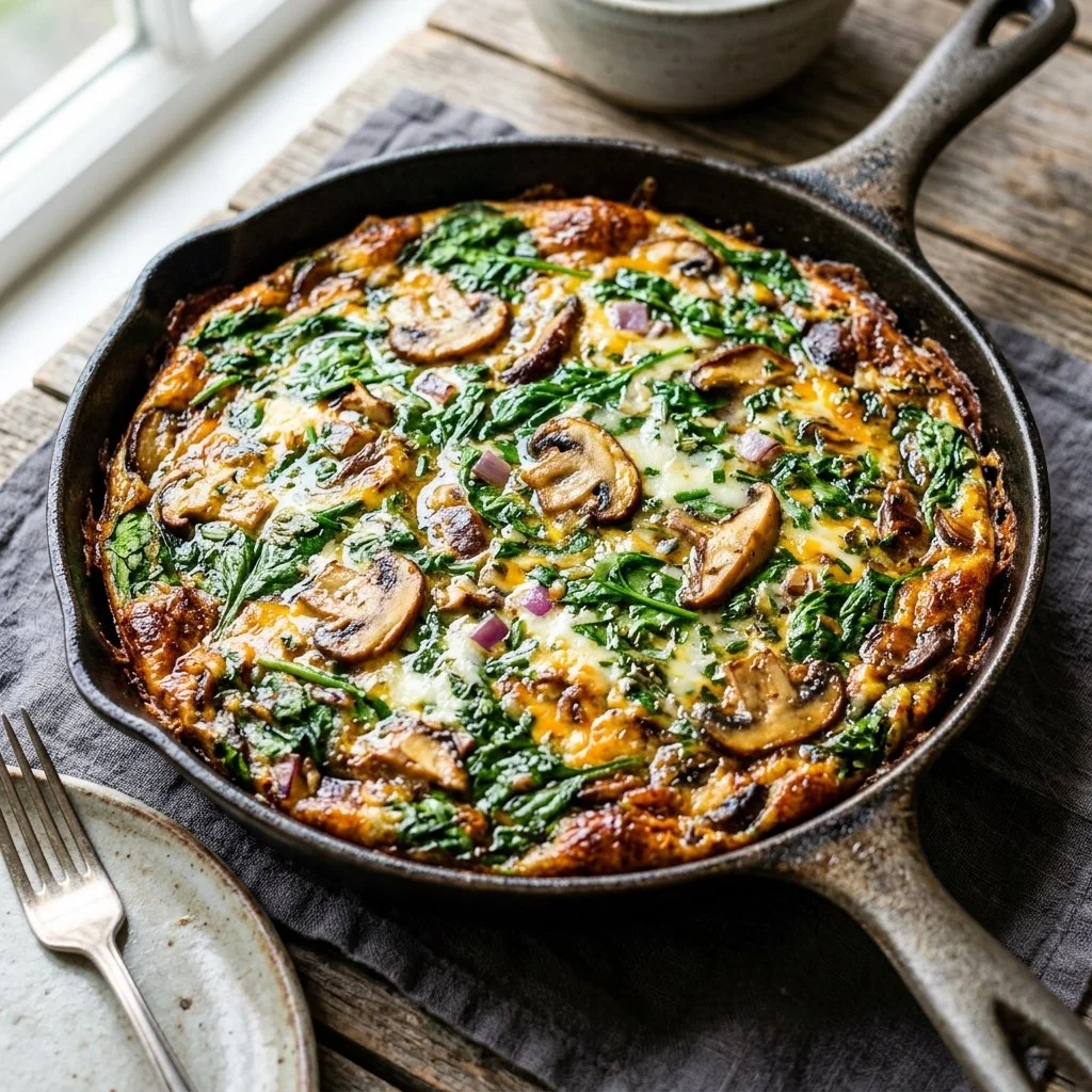 Delicious spinach and mushroom frittata served on a white plate