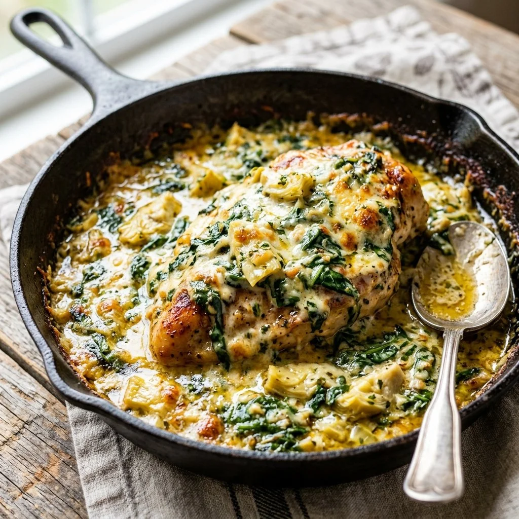 Creamy Spinach Artichoke Chicken served with a side of vegetables