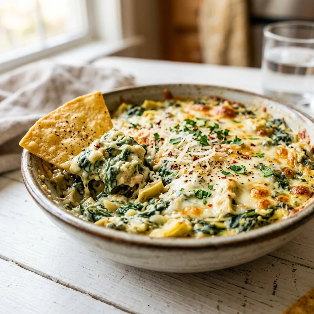 Creamy spinach artichoke dip served in a bowl with tortilla chips