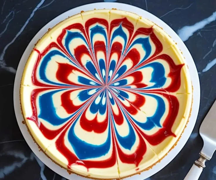 Delicious Star-Spangled Swirl Cheesecake with red, white, and blue swirls
