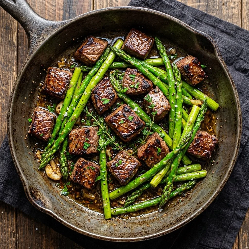 Stir-fried steak and asparagus in a skillet, garnished and ready to serve.