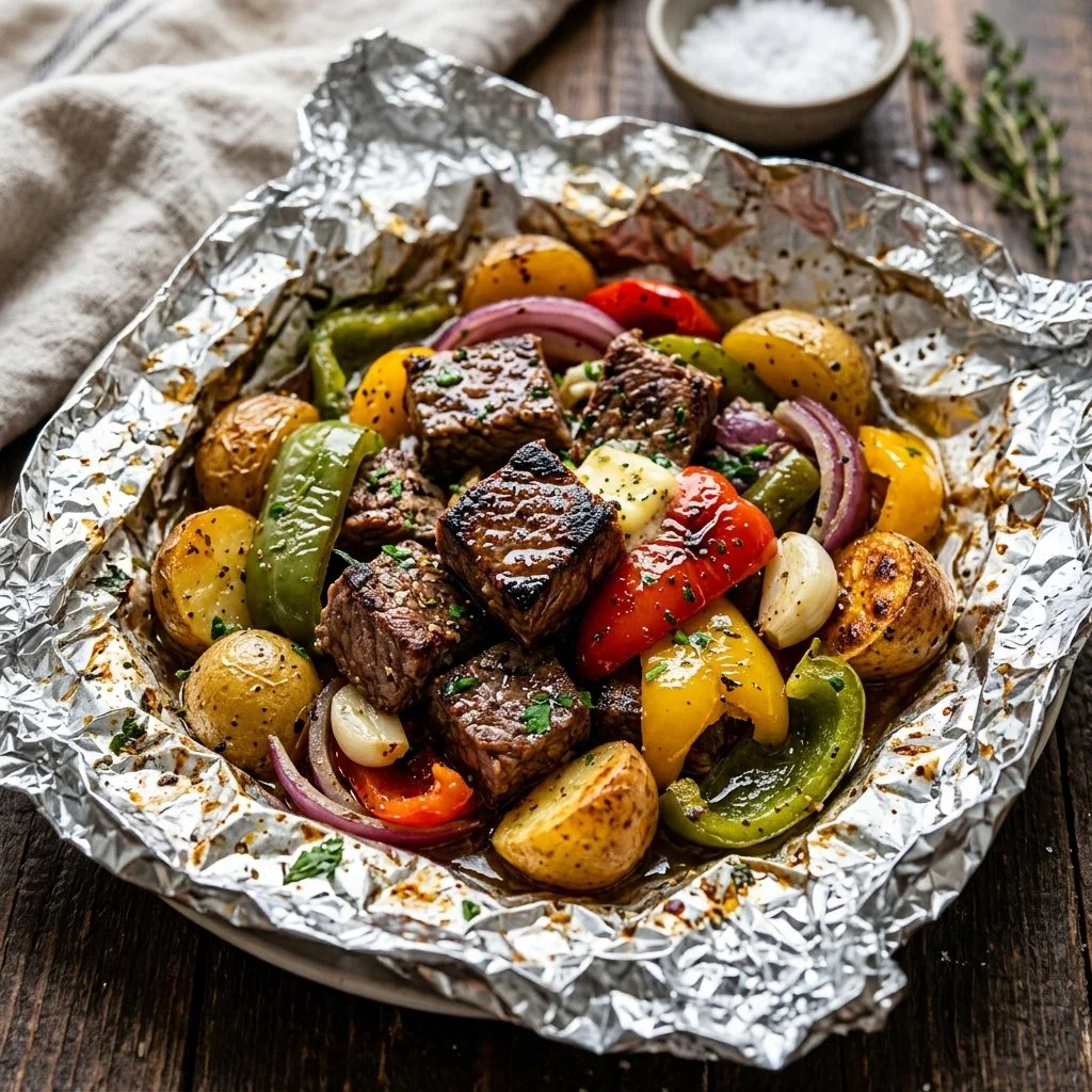 Juicy steak foil packets with vegetables ready for grilling