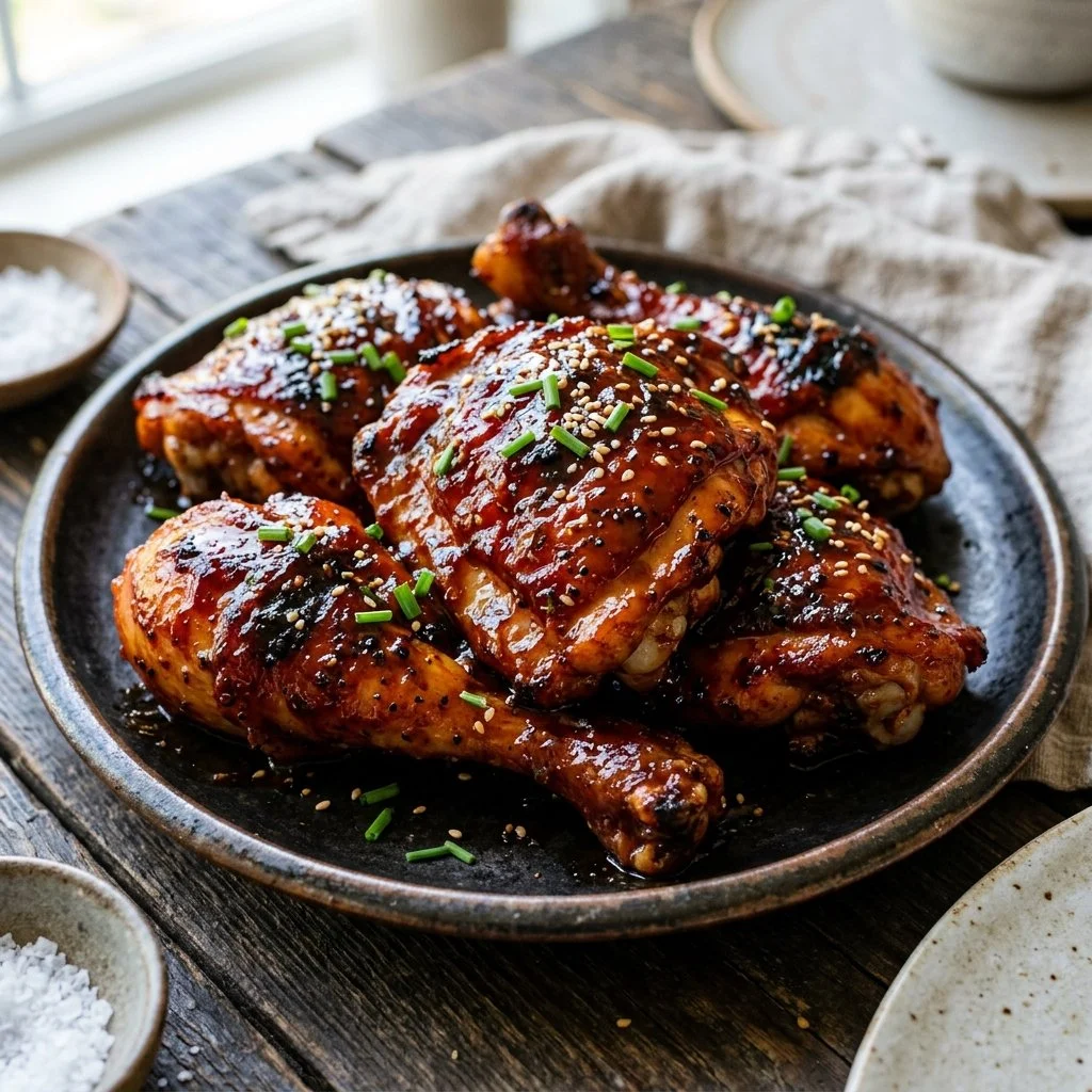 Plate of sticky BBQ chicken with barbecue sauce and garnishes