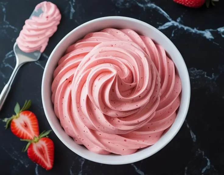 Delicious strawberry buttercream frosting on a cupcake