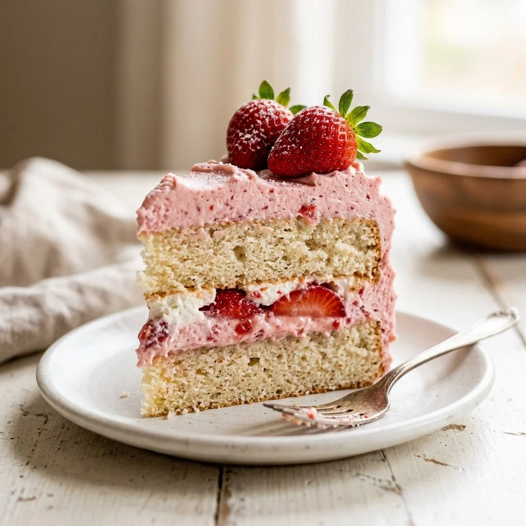 Delicious homemade strawberry cake topped with fresh strawberries and whipped cream.