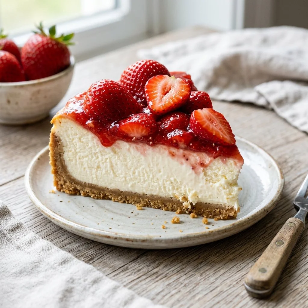 Delicious strawberry cheesecake topped with fresh strawberries and whipped cream.