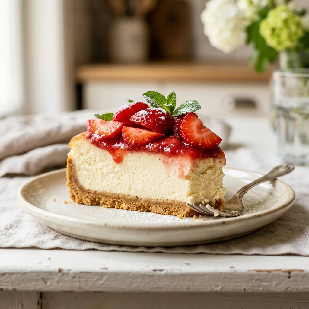 Delicious homemade strawberry cheesecake topped with fresh strawberries