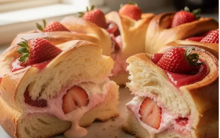 Freshly baked Strawberry Cream Brioche Pull-Apart Bread with strawberries and cream