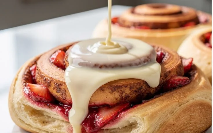 Delicious strawberry cream cinnamon rolls topped with icing on a plate