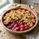 Freshly baked strawberry crumble with a golden topping