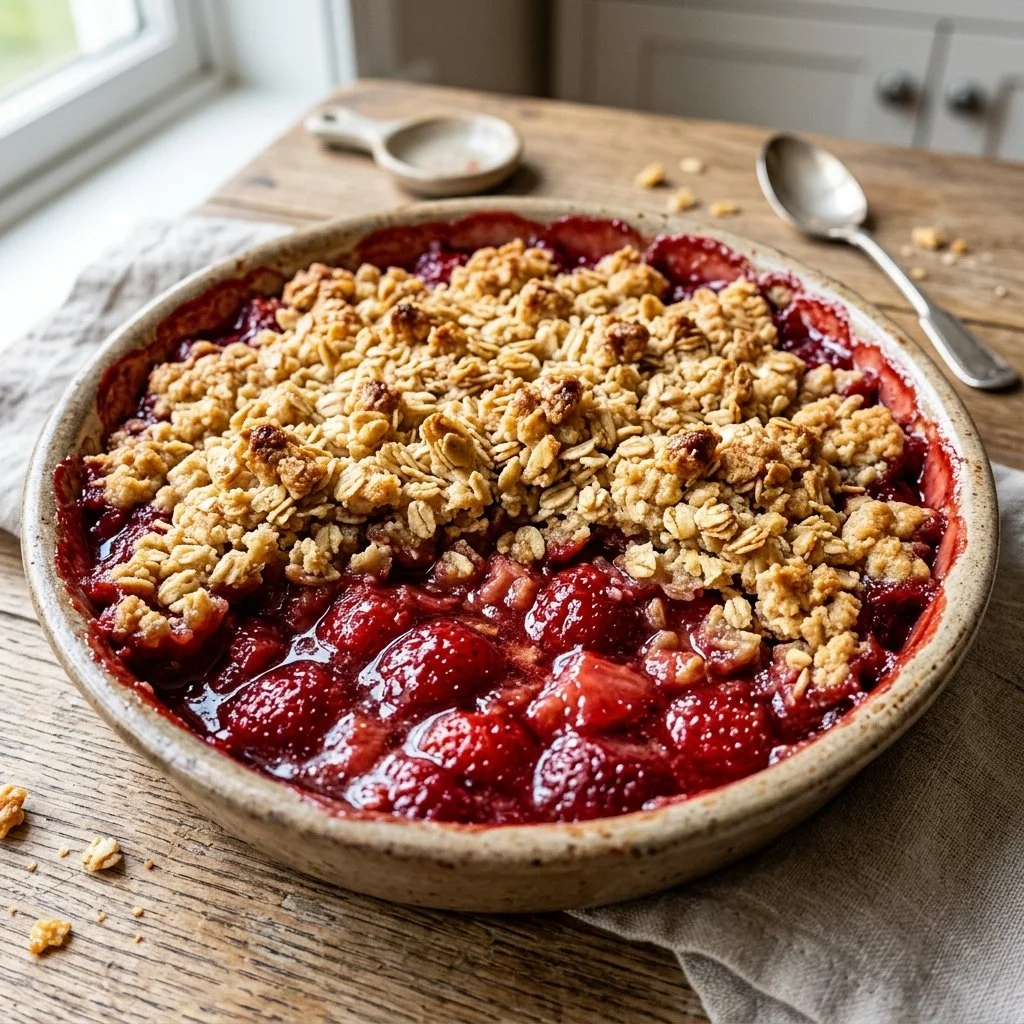 Freshly baked strawberry crumble with a golden topping