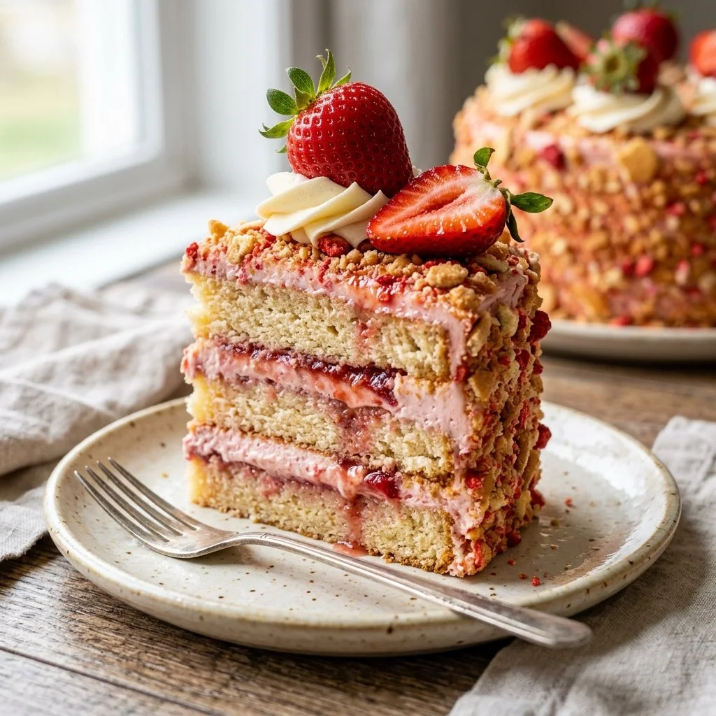 Sliced Strawberry Crunch Cake with layers and a crunchy topping