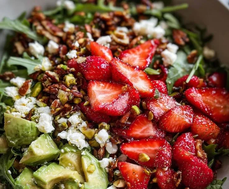 Delicious strawberry crunch salad served in a bowl with fresh strawberries and toppings.