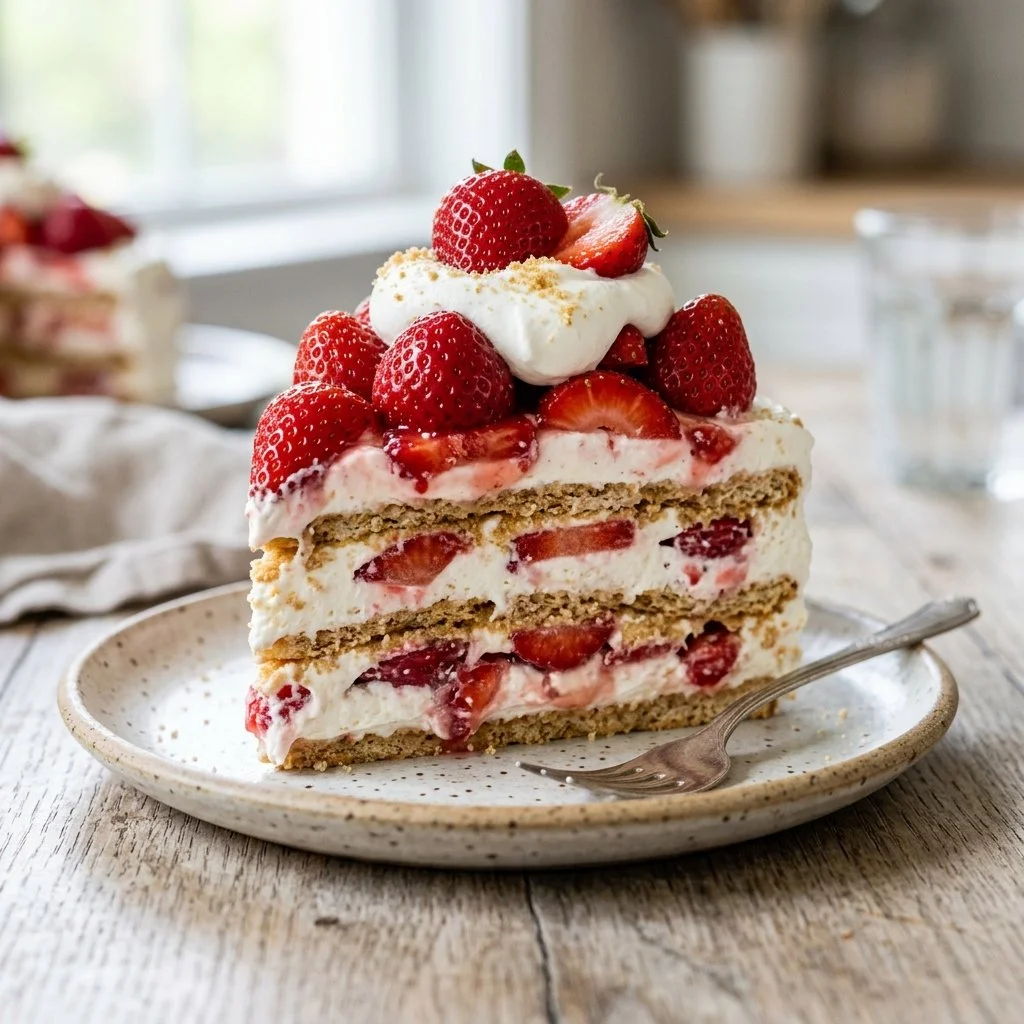 Delicious strawberry icebox cake served with fresh strawberries