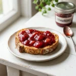 Homemade strawberry jam in a jar with fresh strawberries on a wooden table