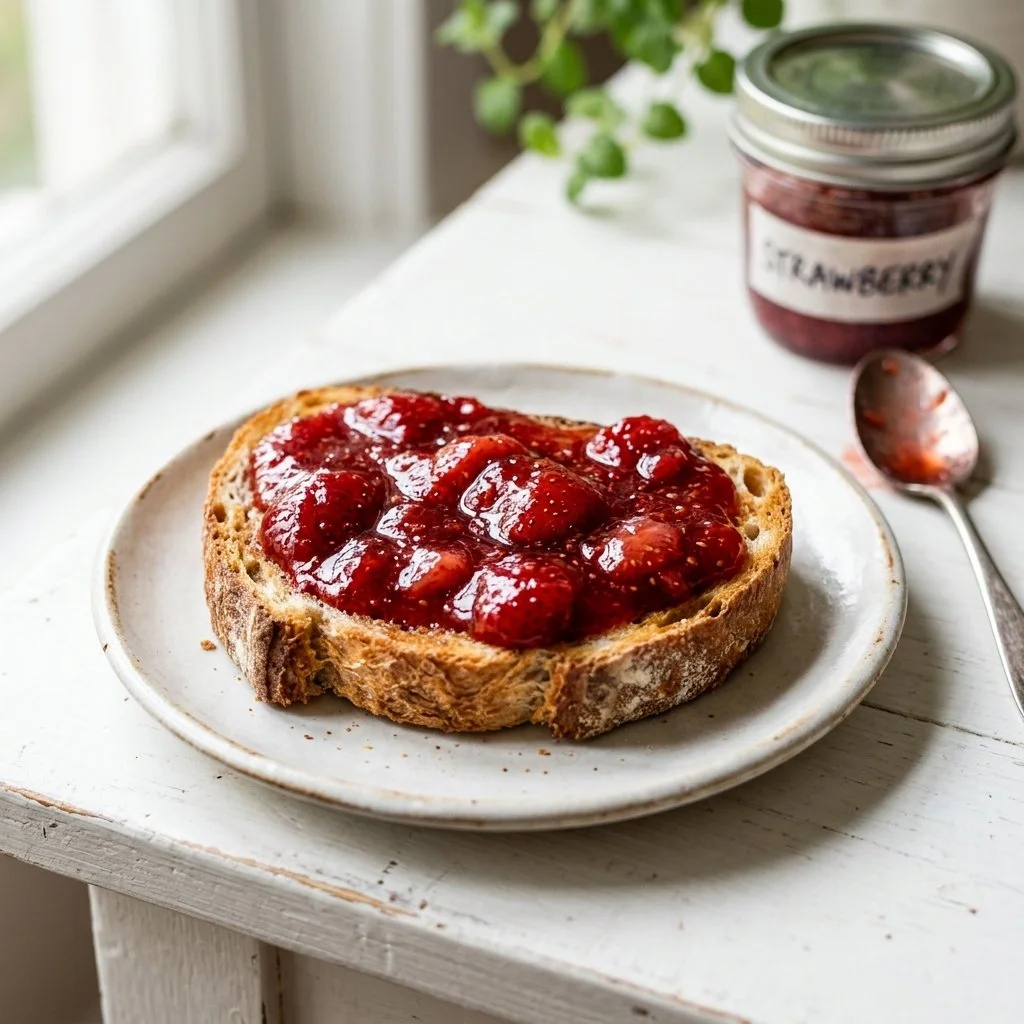 Homemade strawberry jam in a jar with fresh strawberries on a wooden table