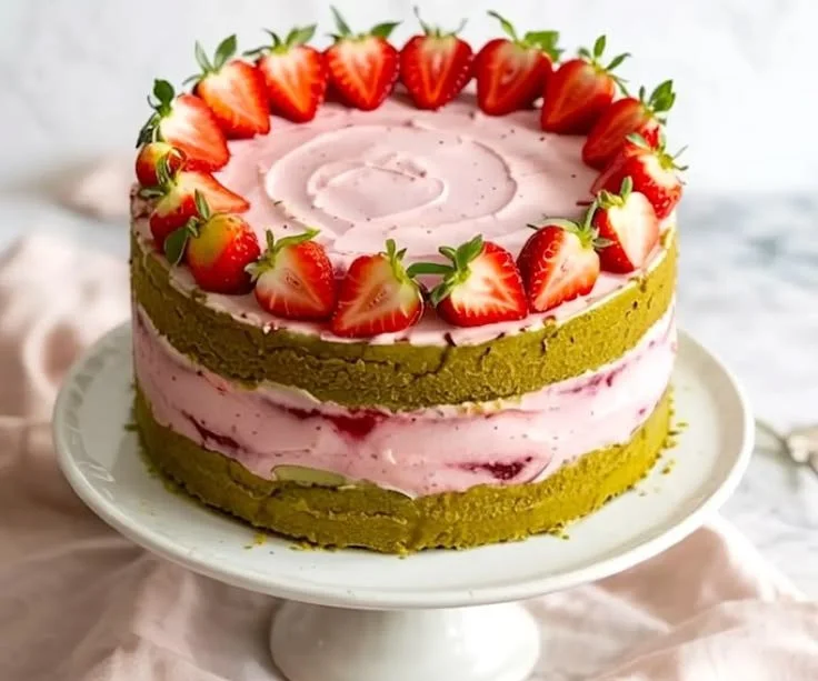 Delicious strawberry matcha cake topped with fresh strawberries and matcha frosting