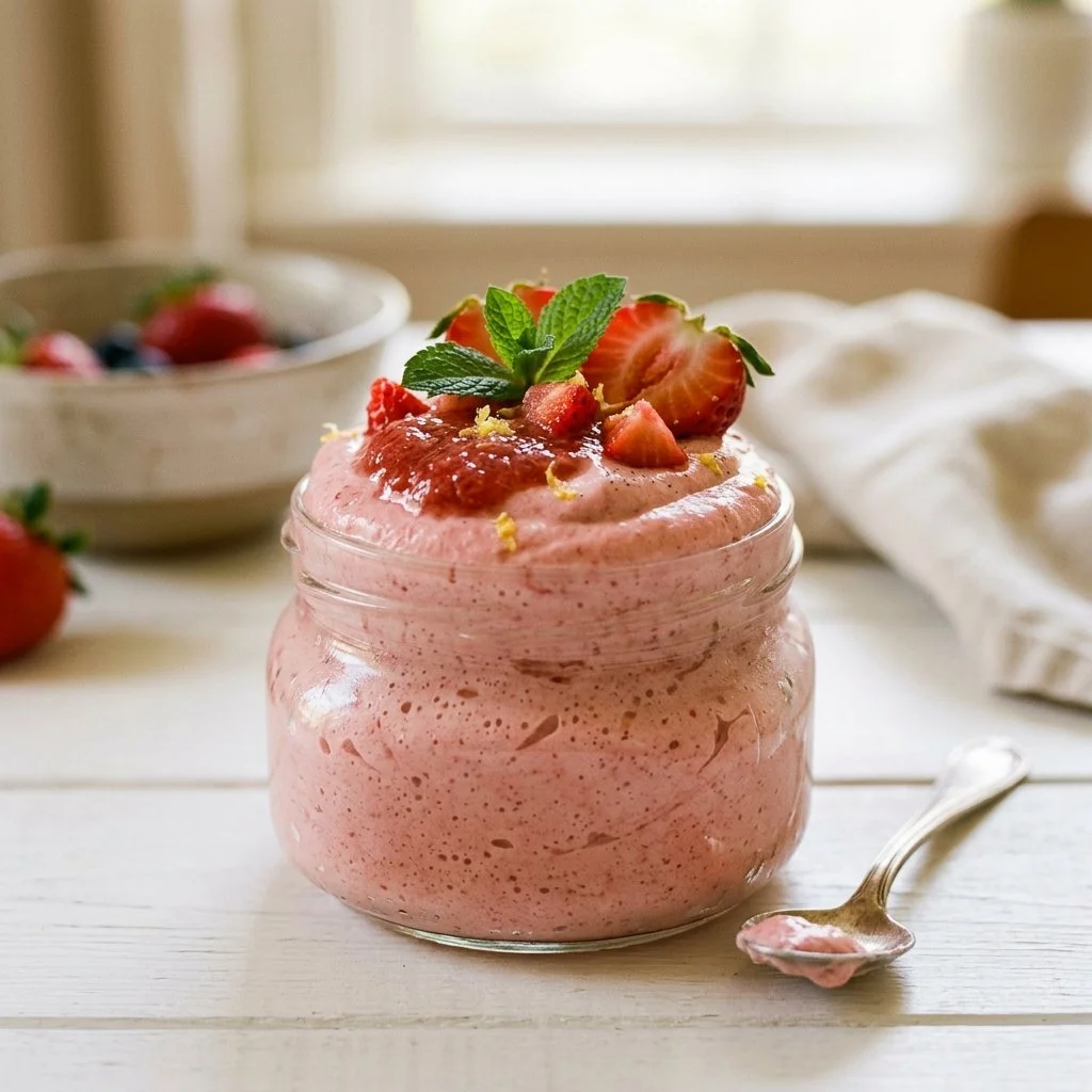 Delicious homemade strawberry mousse in a glass dessert dish
