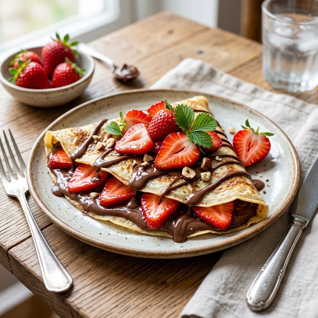 Delicious Strawberry Nutella Crepes topped with fresh strawberries and cream.