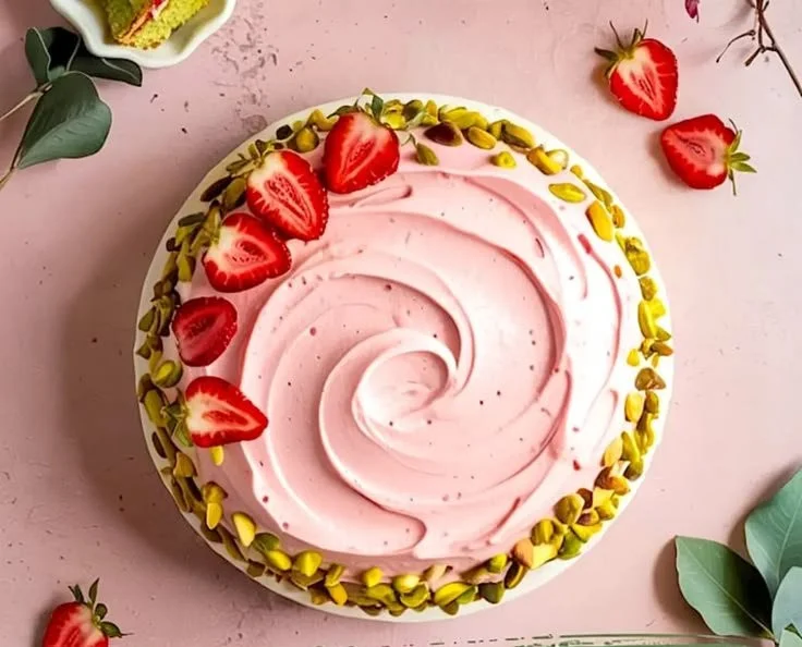 Delicious strawberry pistachio cake topped with fresh strawberries and pistachios