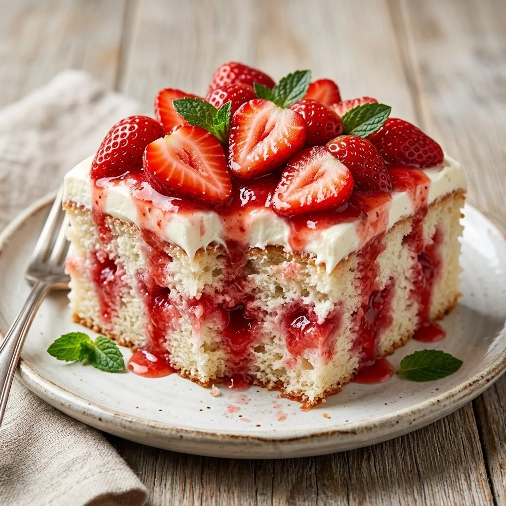Delicious strawberry poke cake topped with fresh strawberries and whipped cream.