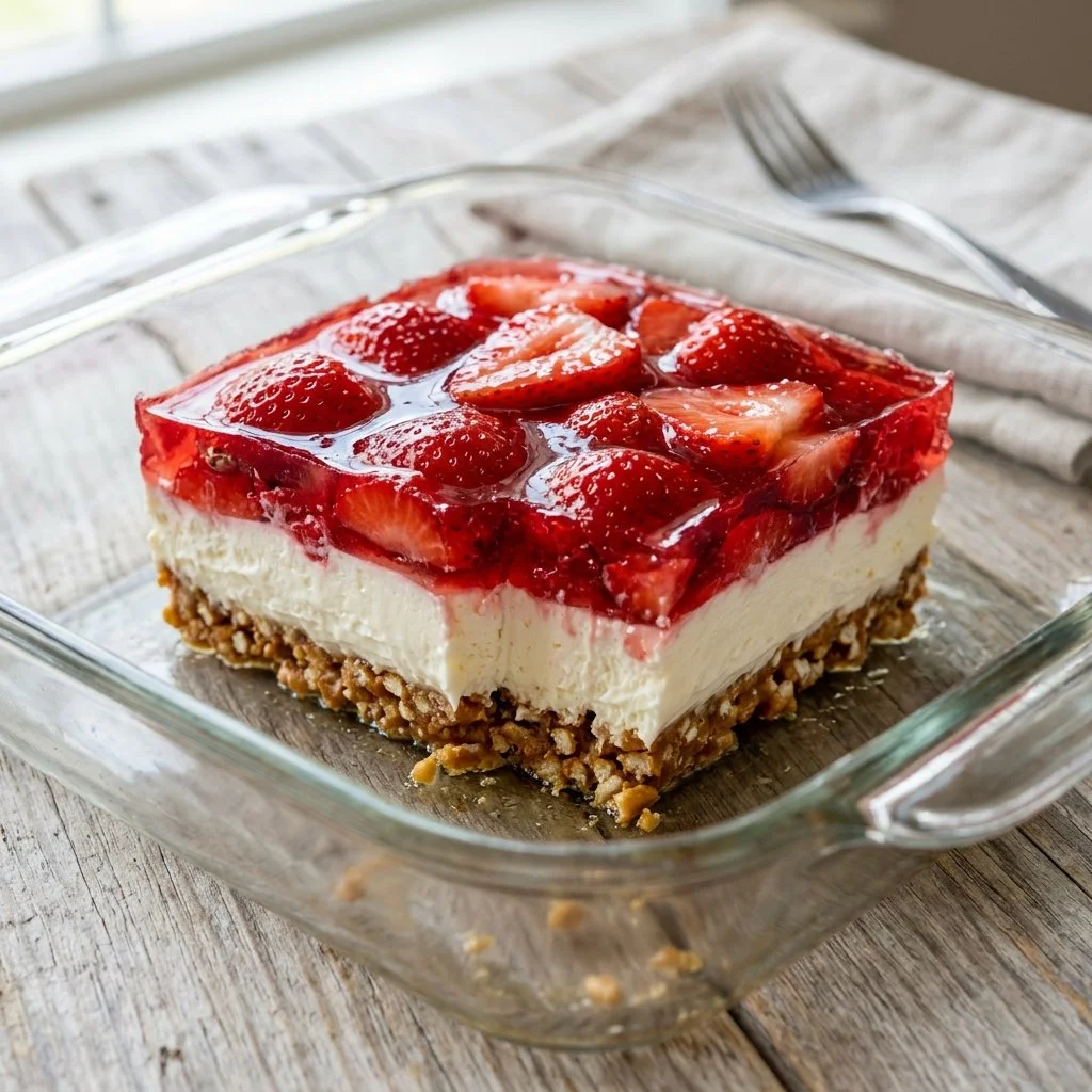 Delicious Strawberry Pretzel Salad served on a plate