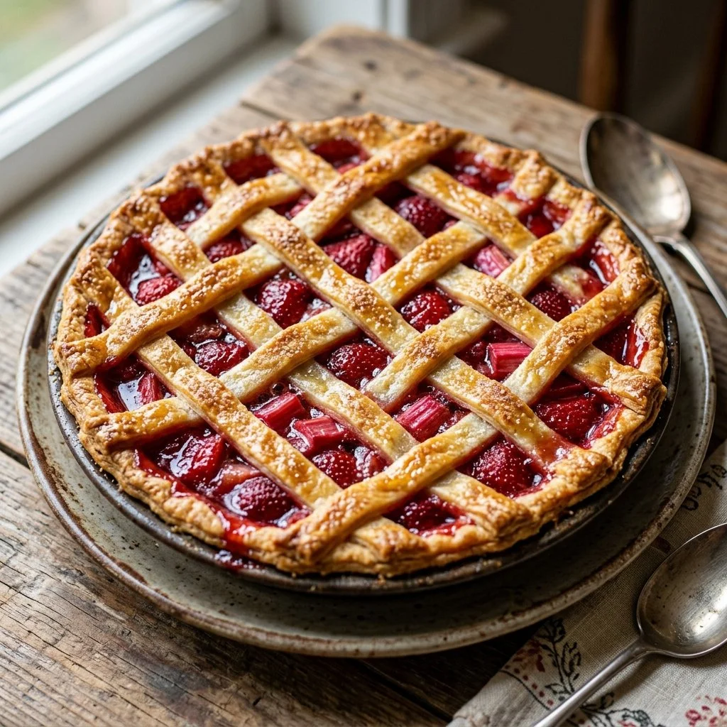 Slice of homemade Strawberry Rhubarb Pie on a plate
