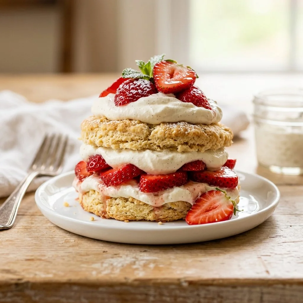 Delicious homemade strawberry shortcake with fresh strawberries and whipped cream