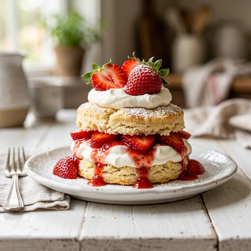 Delicious homemade strawberry shortcake topped with fresh strawberries and whipped cream