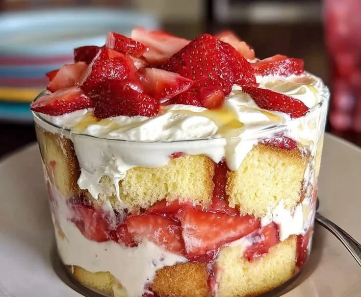 Delicious strawberry trifle layered with pound cake and fresh strawberries