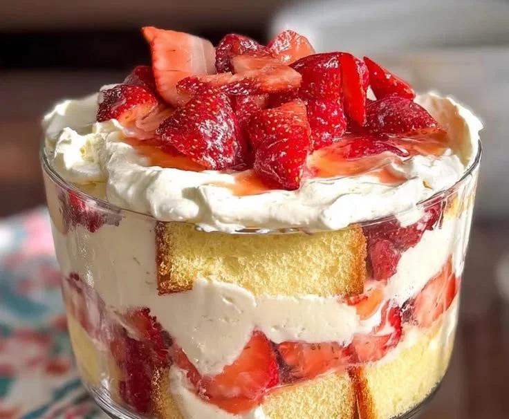 Strawberry trifle with layers of pound cake, cream, and fresh strawberries