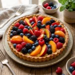 Delicious summer fruit tart topped with fresh berries and a creamy filling