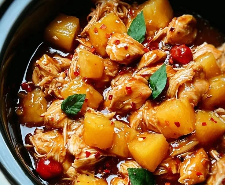 Delicious sweet Hawaiian chicken served with vibrant tropical garnishes.