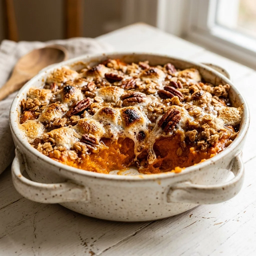 Delicious sweet potato casserole topped with marshmallows and nuts