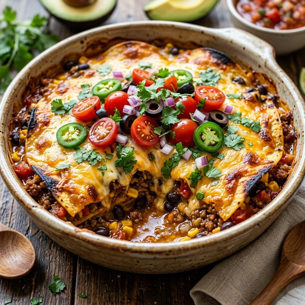 Delicious taco casserole dish with cheese, tortillas, and fresh toppings.
