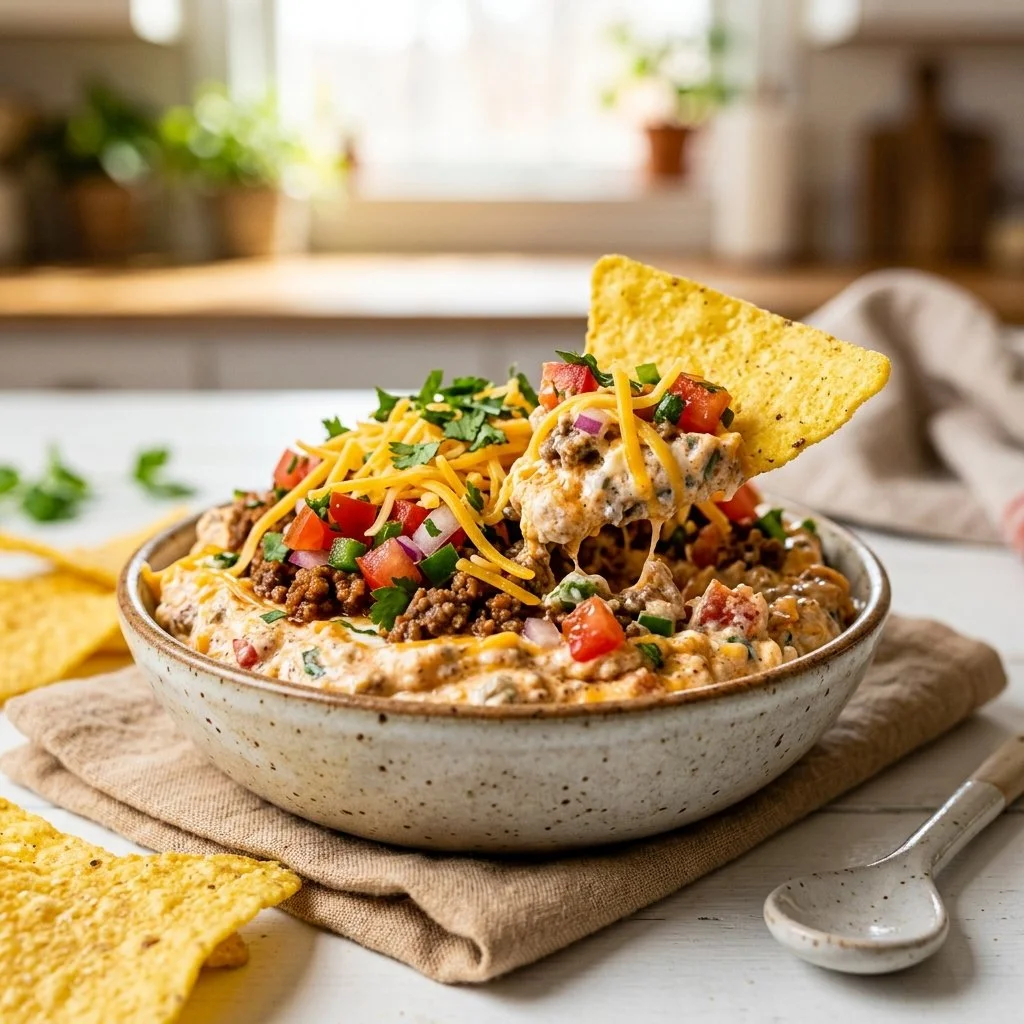 Delicious homemade taco dip served in a bowl with tortilla chips