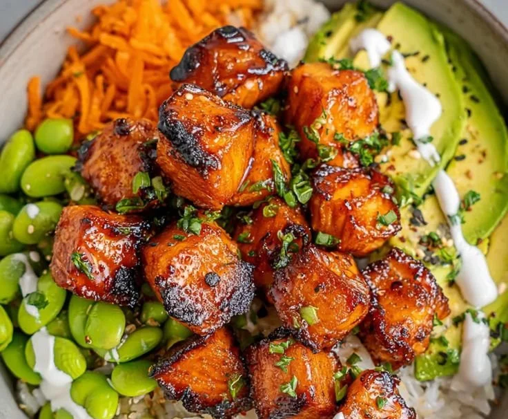 Delicious teriyaki salmon bowl with vegetables and rice