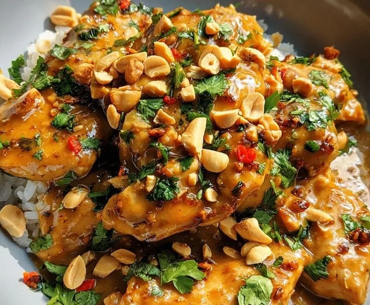 Delicious Thai Peanut Chicken garnished with cilantro and served with rice